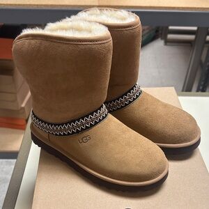 UGG Women’s Classic Short Crescent Chestnut Suede Boots with Shearling Lining